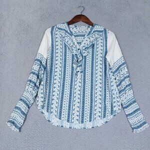 Sundance Northern Light Top Women Small Blue Floral Ruffle V-Neck Smocked Sleeve